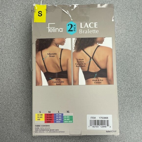 NEW Felina Women's S 2-Pack Lace Bralette Adjustable Straps Black & White - Picture 6 of 7
